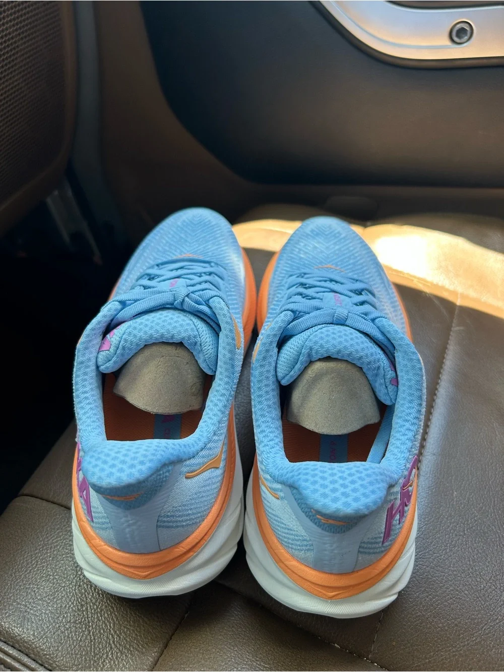 Hokas Light Blue and Peach Women's Running Shoes